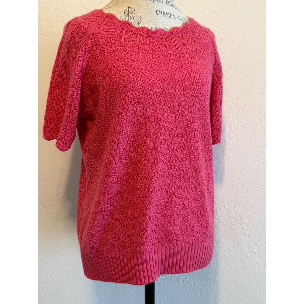 Vicki Wayne Pink Short Sleeve Knit Sweater Scalloped Neck Pointelle P60701 L